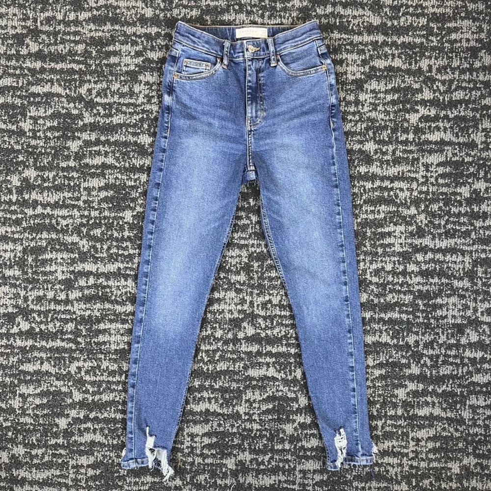 Topshop Jamie Skinny Jeans Womens W26 L30 Blue Distressed Hem High Rise Denim